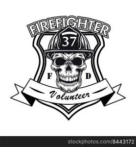 Firefighter volunteer badge with skull vector illustration. Head of character in helmet with number and text s&le. Rescue concept for firefighting or fire department patch template