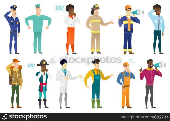 Firefighter with arm out in a welcoming gesture. Full length of welcoming young firefighter. Firefighter doing a welcome gesture. Set of vector flat design illustrations isolated on white background.. Vector set of professions characters.