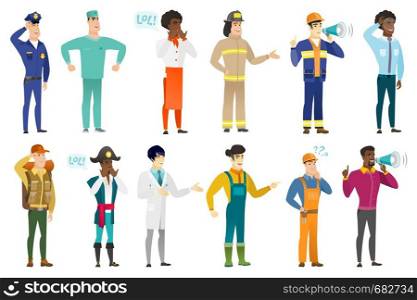 Firefighter with arm out in a welcoming gesture. Full length of welcoming young firefighter. Firefighter doing a welcome gesture. Set of vector flat design illustrations isolated on white background.. Vector set of professions characters.