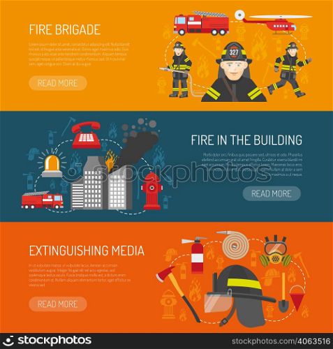 Firefighters 3 flat horizontal banners webpage for information on fire alarm in building abstract isolated vector illustration. Firefighters Brigade Flat Banners Webpage Design