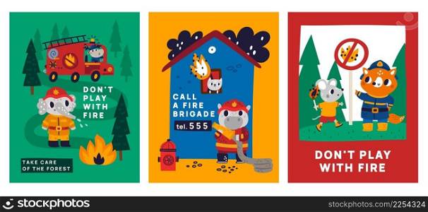 Firefighters cards. Kids warning posters, cute animals in fire uniform, forest conservation, red truck with funny moose driver, bonfire in forest, safety regulations, vector cartoon flat isolated set. Firefighters cards. Kids warning posters, cute animals in fire uniform, forest conservation, red truck with funny moose driver, bonfire in forest, safety regulations, vector set