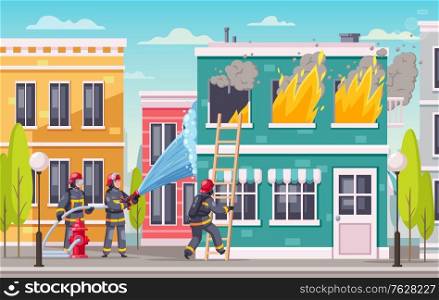 Firefighters cartoon composition of urban landscape with modern architecture and burning house with group of firemen vector illustration