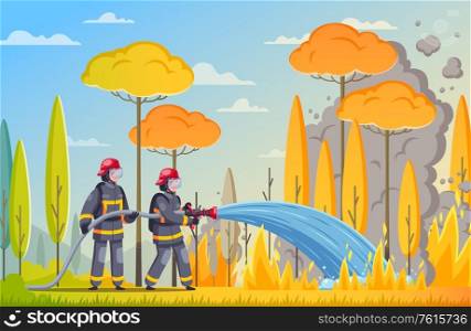 Firefighters cartoon composition with outdoor landscape and burning forest trees with firemen fighting fire with water vector illustration
