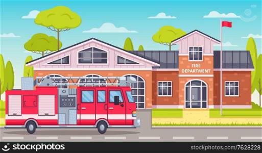 Firefighters cartoon composition with outdoor landscape and fire fighting vehicle in front of fire department building vector illustration