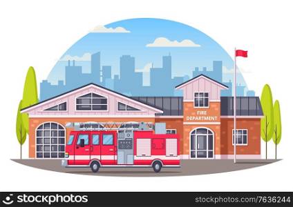 Firefighters cartoon composition with round cityscape silhouette background and fire department building with fire fighting vehicle vector illustration