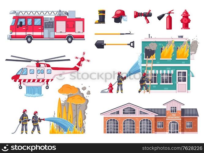 Firefighters cartoon icons collection with isolated compositions of fire fighting vehicles equipment burning houses and trees vector illustration