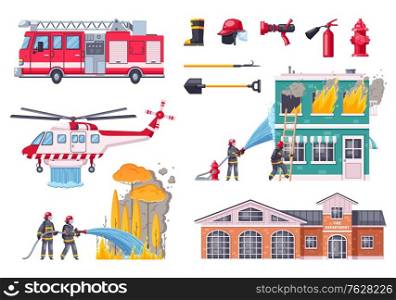 Firefighters cartoon icons collection with isolated compositions of fire fighting vehicles equipment burning houses and trees vector illustration