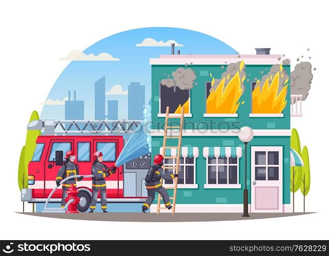 Firefighters cartoon round composition with cityscape background and burning house with firemen crew putting blaze out vector illustration
