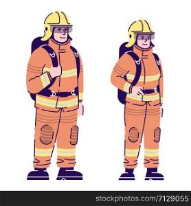 Firefighters couple flat vector characters. Professional fireman and firewoman in protective uniform cartoon illustration with outline. Fire department workers, rescuers isolated on white background