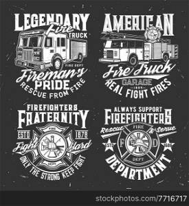 Firefighters dept badge and fire truck t-shirt vector print. Fire rescue team, emergency service clothing grungy print template. American fireman water tender vehicle with ladder, helmet, hook and ax. Fire department truck and badge t-shirt print