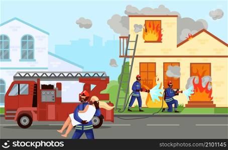 Firefighters extinguish fire. Rescuers group pulling victims out of burning houses. Emergency service workers in protective uniform fighting flame with hose. Fireman carries woman. Vector concept. Firefighters extinguish fire. Rescuers pulling victims out of burning houses. Emergency workers in protective uniform fighting flame with hose. Fireman carries woman. Vector concept