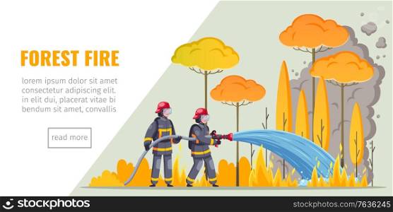 Firefighters horizontal banner with cartoon images of firemen suppressing forest fire text and read more button vector illustration