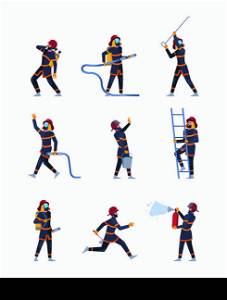 Firefighters. Professional emergency safety persons fireman fight with flame garish vector people in uniform. Illustration of emergency professional firefighter, fireman uniform team. Firefighters. Professional emergency safety persons fireman fight with flame garish vector people in uniform