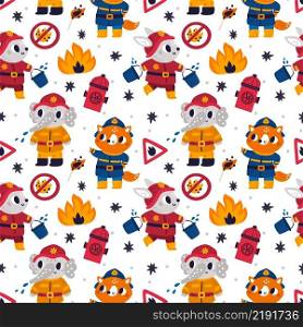 Firefighters seam≤ss pattern. Litt≤funny animals in fire protection uniforms with water buckets. Fox and hare extinguish flame. Red pumps. Forbidding signs. Burning match and bonfire. Vector pr∫. Firefighters seam≤ss pattern. Funny animals in fire protection uniforms with buckets. Fox and hare extinguish flame. Red pumps. Forbidding signs. Burning match and bonfire. Vector pr∫