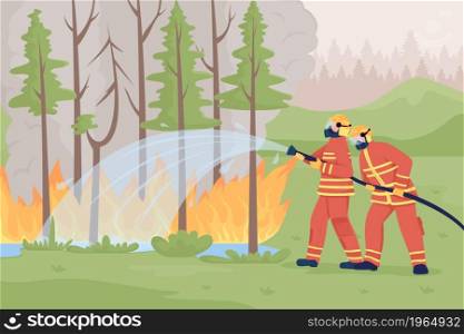 Firefighters suppressing wildland fire flat color vector illustration. Natural disaster. First responders extinguishing forest fire 2D cartoon characters with natural landscape on background. Firefighters suppressing wildland fire flat color vector illustration