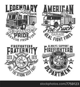 Firefighters t-shirt print, fire hydrant and cross vector emblem badges. American firefighting department garage and fire engine rescue slogans, helmet, crossed ax and Maltese cross for t shirt prints. Firefighters t-shirt print, fire hydrant and cross