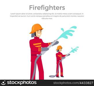 Firefighters Team People Group Flat Style. Firefighters team people group flat style. Fireman firefighters in uniform and a helmet to pour water from a hose. Vector illustration