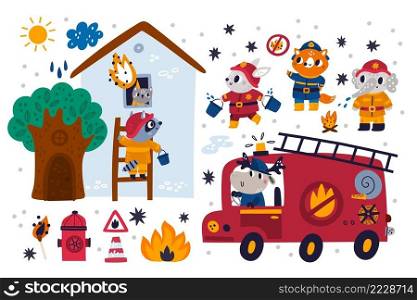 Firefighters tools. Cute animals in fire protection uniform with buckets of water extinguish ignition. Raccoon rescues kitten in burning house. Deer drives red emergency truck. Vector firefighting set. Firefighters tools. Cute animals in fire uniform with buckets of water extinguish ignition. Raccoon rescues kitten in burning house. Deer drives emergency truck. Vector firefighting set