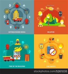 Firefighting 2x2 Concept. Firefighting tools fire safety burning buildings and forest 2x2 concept isolated on colorful backgrounds flat vector illustration