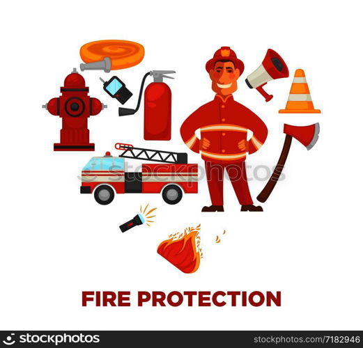 Firefighting and fire protection poster of extinguishing equipment tools. Vector flat icons of firefighter, extinguisher, water hydrant hose and engine car or siren and safety helmet. Firefighting and fire protection poster of extinguishing equipment tools.