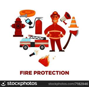Firefighting and fire protection poster of extinguishing equipment tools. Vector flat icons of firefighter, extinguisher, water hydrant hose and engine car or siren and safety helmet. Firefighting and fire protection poster of extinguishing equipment tools.