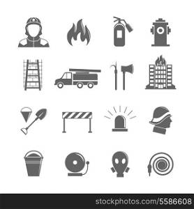 Firefighting black silhouette icons set of fire protection equipment isolated vector illustration.