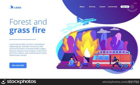 Firefighting emergency service. Fireman with hose character. Prevention of wildfire, forest and grass fire, conflagration safety engineering concept. Website homepage landing web page template.. Prevention of wildfire concept landing page.