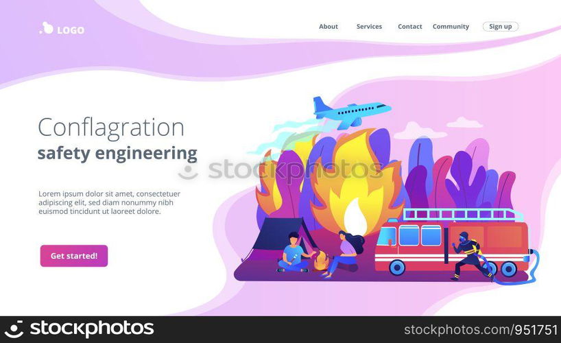 Firefighting emergency service. Fireman with hose character. Prevention of wildfire, forest and grass fire, conflagration safety engineering concept. Website homepage landing web page template.. Prevention of wildfire concept landing page.