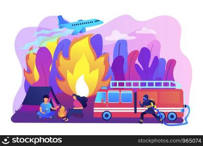 Firefighting emergency service. Fireman with hose character. Prevention of wildfire, forest and grass fire, conflagration safety engineering concept. Bright vibrant violet vector isolated illustration. Prevention of wildfire concept vector illustration.