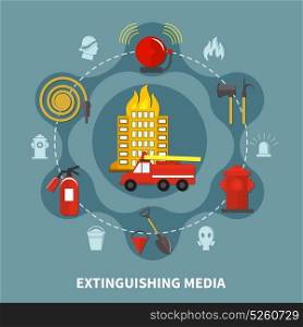 Firefighting Extinguishing Media. Burning building and firefighting extinguishing media concept on grey background flat vector illustration