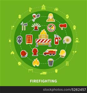 Firefighting Flat Concept. Flat design concept with various firefighting icons on green background vector illustration