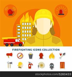 Firefighting Icons Collection. Burning building fireman and firefighting icons collection on white background flat isolated vector illustration