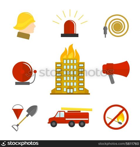Firefighting icons flat set of burning building fire alarm water hose isolated vector illustration.