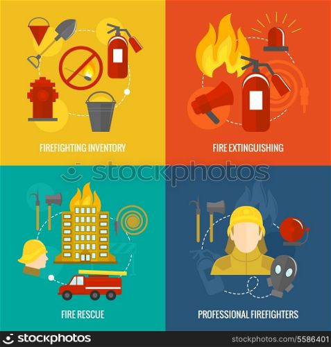 Firefighting icons inventory extinguishing fire rescue professional composition isolated vector illustration