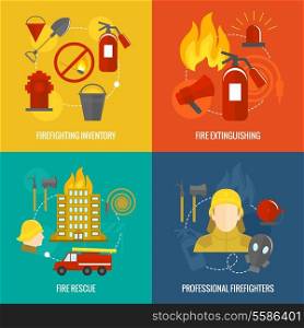 Firefighting icons inventory extinguishing fire rescue professional composition isolated vector illustration