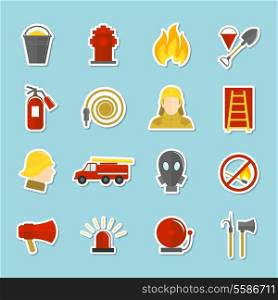 Firefighting icons stickers set of axe fire truck water hydrant isolated vector illustration