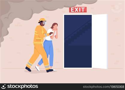Firefighting operation flat color vector illustration. Trapped female resident rescue. Emergency exit. Firefighter helping woman with evacuation 2D cartoon characters with smoke on background. Firefighting operation flat color vector illustration