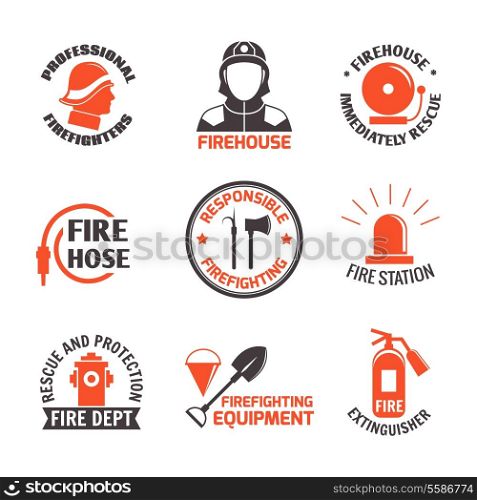Firefighting professional firehouse immediately rescue label set isolated vector illustration.