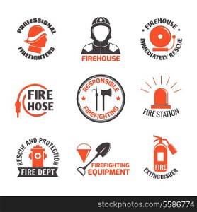 Firefighting professional firehouse immediately rescue label set isolated vector illustration.