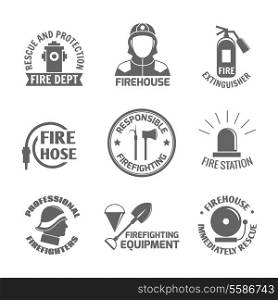 Firefighting rescue and protection fire department firehouse extinguisher label set isolated vector illustration