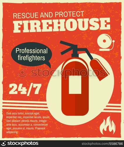 Firefighting rescue and protection professional firefighters poster with fire extinguisher vector illustration