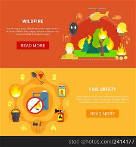 Firefighting safety tools and forest windfire horizontal banners set flat isolated vector illustration. Firefighting Banners Set