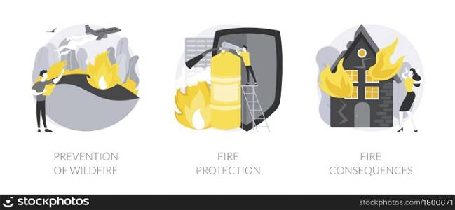 Firefighting service abstract concept vector illustration set. Prevention of wildfire, fire protection and consequences, smoke detector, save wildlife, fire alarm system abstract metaphor.. Firefighting service abstract concept vector illustrations.