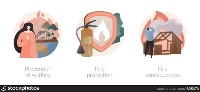 Firefighting service abstract concept vector illustration set. Prevention of wildfire, fire protection and consequences, smoke detector, save wildlife, fire alarm system abstract metaphor.. Firefighting service abstract concept vector illustrations.