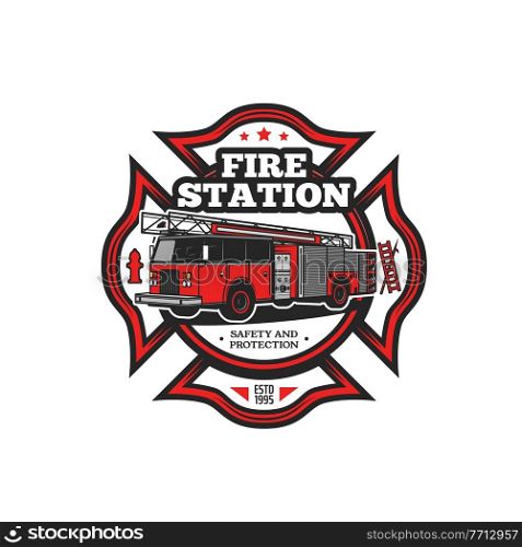 Firefighting symbol vector icon with fire truck and firefighter equipment. Fire engine, hydrant, fireman ladder and hook isolated red badge of fire department, rescue and emergency service design. Firefighting symbol with fire truck vector icon