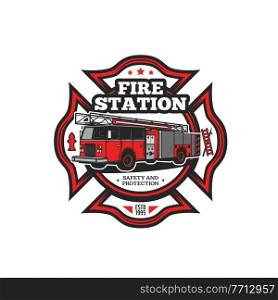 Firefighting symbol vector icon with fire truck and firefighter equipment. Fire engine, hydrant, fireman ladder and hook isolated red badge of fire department, rescue and emergency service design. Firefighting symbol with fire truck vector icon