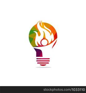 Fireman and bulb vector logo design. Red flame character logotype. Vector logo combination of a man and fire.