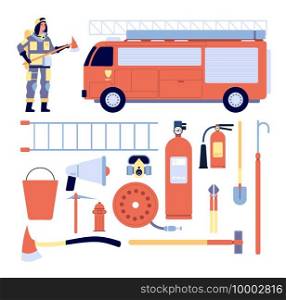 Fireman and equipment. Professional rescue gear, firefighter uniform, extinguisher and hydrant. Glove helmet and truck, ladder vector set. Illustration professional firefighter and safety equipment. Fireman and equipment. Professional rescue gear, firefighter uniform, extinguisher and hydrant. Glove helmet and truck, ladder vector set