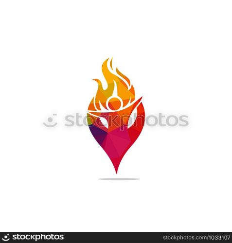 Fireman and gps icon vector logo design. Red flame character logotype. Vector logo combination of a man and fire.