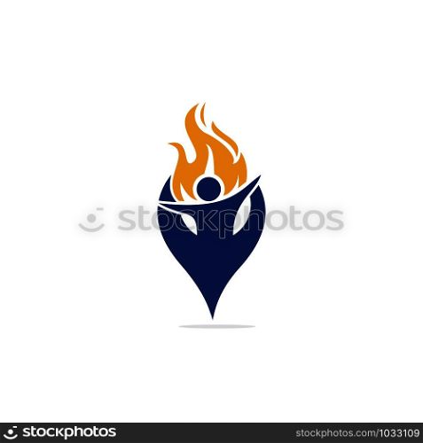 Fireman and gps icon vector logo design. Red flame character logotype. Vector logo combination of a man and fire.